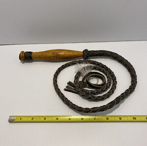 Vintage Brown Leather Braided Bull Whip Swivel Wooden Handle 4' Handmade Mexico