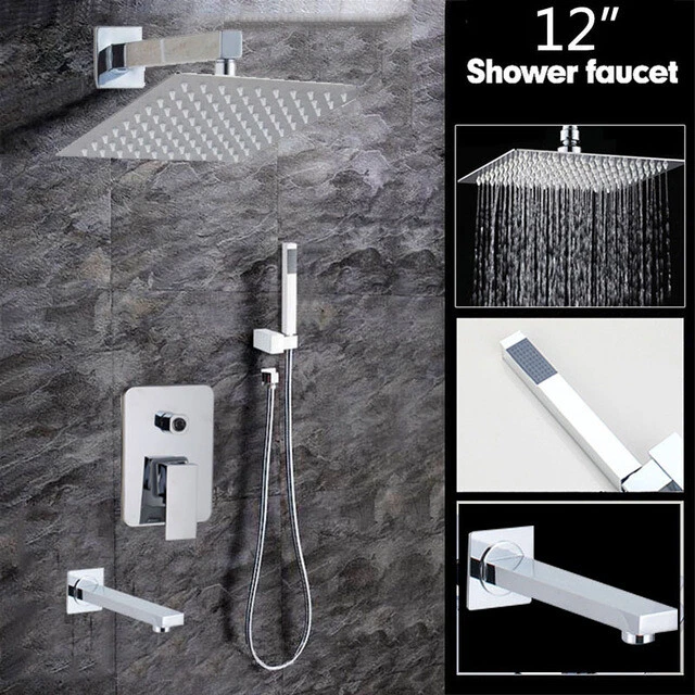 12" Chrome Rain Shower Faucet Set Square Shower Head Tub Mixer Control Valve Tap - Image 1 of 4