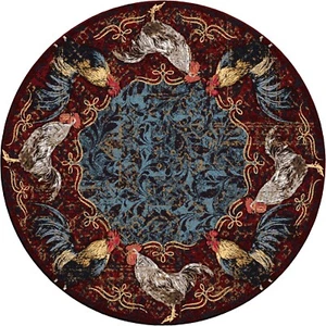 Pecking Order Bordeaux Rooster Primitive Country Farmhouse Area Rug 8 ft Round - Picture 1 of 5
