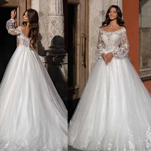 Wedding Dress A-line Boatneck Floral Embroidery Tulle Applique Sleeve Lace - Picture 1 of 15