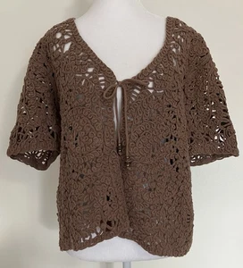 Alfred Dunner Brown Crochet Knit Cardigan Sweater Large Grandmacore Cottagecore - Picture 1 of 6