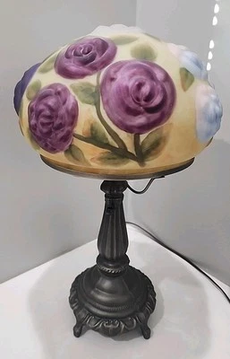 Pairpoint Style Puffy Rose Reverse Painted Glass Lamp ~ EXQUISITE!  - Image 1 of 4