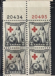 Scott 702, 2c Red Cross, Plate block/4, Top #s20495(R)/20434(B) MNH Free Ship - Picture 1 of 1