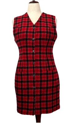 VTG Eddie Bauer Dress Sheath Red Wool Blend Tweed Plaid Sleeveless Sz 6 Petite - Image 1 of 4