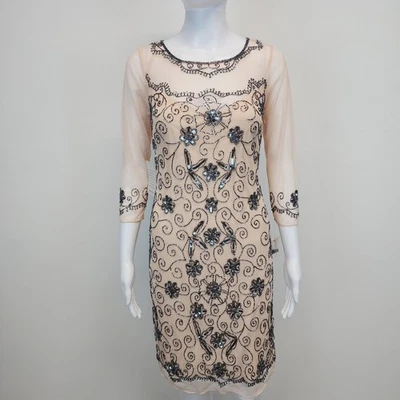Vestido Pisarro Nights Malla Cuentas Talla 2 Crema Adornado Rugiente Años 20 Deco Foto 1 de 4