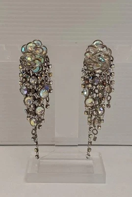 VTG SORRELLI Silver Tone AB Crystal Rhinestone Bling Chandelier Clip-On Earrings - Image 1 of 4