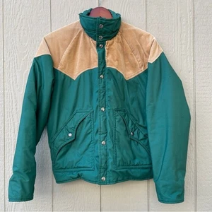 VTG Woolrich Puffy Jacket Mens Medium ? Green/Tan Corduroy shoulder patch Logo - Picture 1 of 16