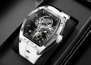MEGIR Men's Skeleton Automatic Mechanical Watch Tonneau Case White Band - Picture 1 of 5