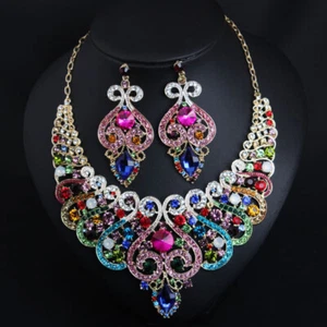 Fashion Crystal Rhinestones Jewelry Set Necklace Earrings Wedding Statement Gift - Foto 1 di 10