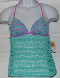 Hula Honey Crochet Cutout Push-Up Tankini Top Sz XS Mint (K) - Picture 1 of 2