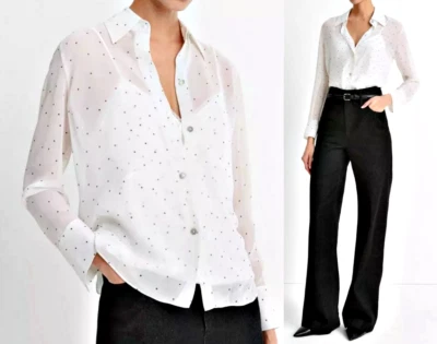 Vince 100% Silk Sheer Dot Blouse with Lace Trim Cami in Off White-Grey sz L $445 - Image 1 of 4