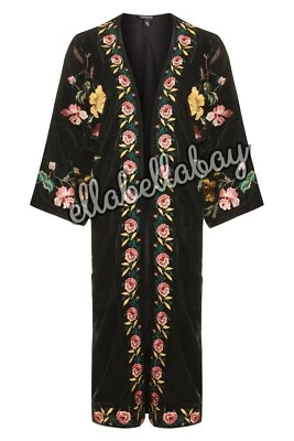 TOPSHOP Black Pink Velvet Embroidered Floral Oversized 70s Boho Long Kimono S M - Imagem 1 de 4