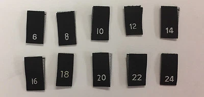black size tabs white text VARIOUS SIZES clothing garment labels pick & mix