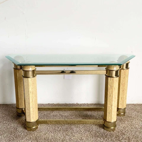 Postmodern Faux Stone and Brass Glass Top Console Table Cover