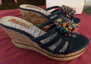 Cork Platform Wedge Sandals Womens 7 Blue Denim Open Toe Pom Pom Two Lips NIB - Picture 1 of 7