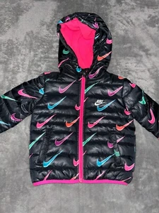 Nike Jacket Toddler Puffer Black Pink Logo Full Zip Hooded Just Do It 24 Months - Picture 1 of 8