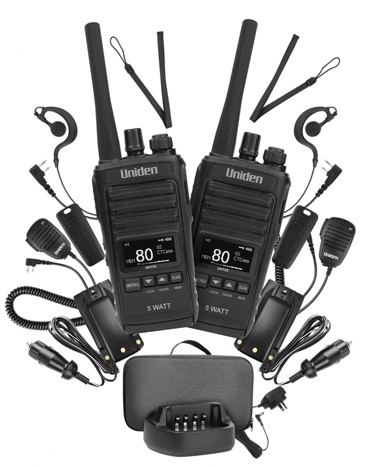 UNIDEN UH755-2DLX 5 WATT UHF CB SPLASHPROOF HANDHELD RADIO - DELUXE PACK - image 1 of 1
