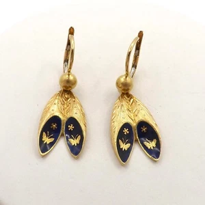 Solid 18k Gold Blue Enamel Butterfly Slippers Dangle Leverback Earrings Italy 6g - Picture 1 of 9