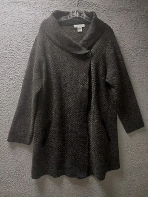 Cardigã feminino Ellen Tracy suéter jaqueta 1XL cinza espinha de peixe 25% lã bolsos - Imagem 1 de 4