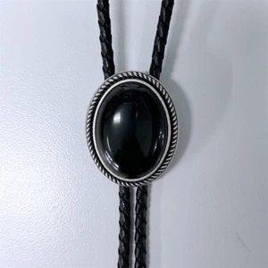 Nature Black Obsidian Stone Oval Bolo Tie With Genuine Leather Rope - Picture 1 of 4