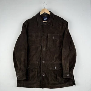 Vintage GAP Brown Suede 100% Real Cow Leather Trucker Jacket Men's Size Large - Picture 1 of 10