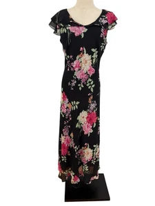 Vtg 90s Chadwick’s Black Floral Long Dress Silk Flutter Sleeve Ruffle Sz P10 - Picture 1 of 7