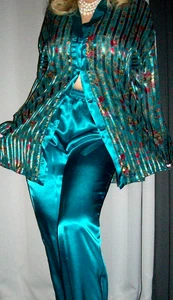 Vtg Victoria's Secret Teal Shirt Top Long Satin Lounge Pants L - Picture 1 of 4
