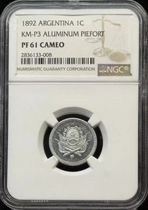 1892 Argentina 1 Centavo NGC SP-61 CAMEO ALUMINUM PIEFORT - Picture 1 of 2