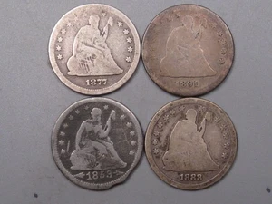 4 Seated Liberty Quarters 1877-s, 91, 88-s, 53. #6 - Picture 1 of 11
