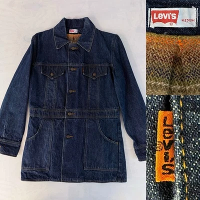 Chaqueta De Colección Levi’s Años 70 Forrada con Manta Tareas Para Hombre’s M Azul Lavado Oscuro Naranja Pestaña Rara Foto 1 de 4