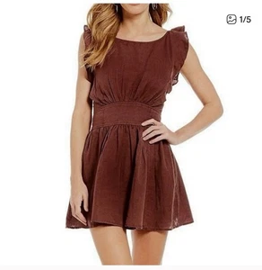Free People Erin Skater Linen Mini Dress Womens M Brown Ruffle Sleeve Open Back - Picture 1 of 11