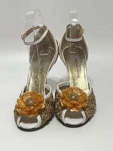 Vtg DOLCE & GABBANA ORANGE CRYSTAL FLOWER STRAW HEELS 37 - Picture 1 of 4