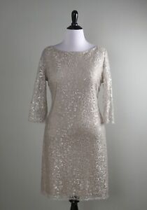 CALVIN KLEIN $139 Metallic Silver Beige Lined Lace Shift Dress Size 16