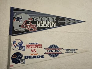 Lot of 2 - Vintage New England Patriots Super Bowl Pennant 30" 1986 Bears 2001 - Picture 1 of 10