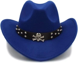 Blue Western Skull Cowboy, Cowgirl Hat, Skull Strap, Men Women Retro Wide Brim - Picture 1 of 6