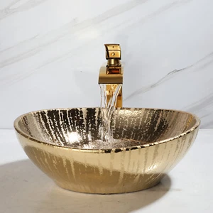 16x13 Zoll Gold Badezimmer Gefäß Waschbecken Oval Keramikbecken Schüssel mit Hahn und Ablauf - Bild 1 von 8