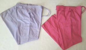 WOMENS SCRUBS 2-PAIR MEDICAL SCRUBS ELASTIC & DRAW WAIST LAVENDER & PINK A43 - Picture 1 of 9