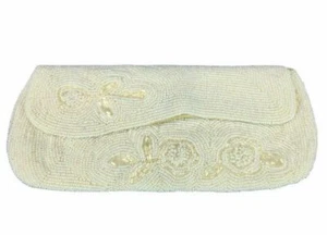 Purse Clutch Bag Womens Heavily Beaded Off White Evening Handmade Vintage - Picture 1 of 6