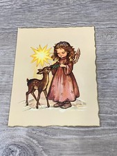 Vintage Greeting Card Christmas Angel Girl Feeding Deer Hilde Star