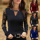 Womens Sexy Hollow V Neck Lace Tops Long Sleeve Casual Slim Pullover Blouse Tops