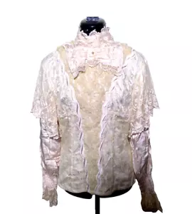 Vintage Blouse Ann Balon Women Ruffle Lace Bow High Neck Edwardian Size S - Picture 1 of 16