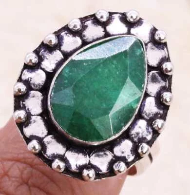 Anillo Simulado Esmeralda 925 Chapado en Plata Hecho a Mano de EE. UU. Talla 7.5 Étnico Foto 1 de 3