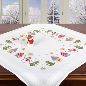 STICK-TISCHDECKE MIT GARN -WEIHNACHTSDORF SCHNEEMANN -KREUZSTICH VORGEZ -80x80cm - Bild 1 von 2