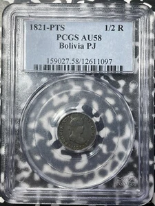 1821-PTS PJ Bolivia 1/2 Real PCGS AU58 Lot#G8867 Silver! - Picture 1 of 3