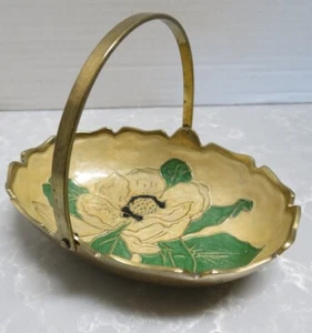 Piatto vassoio cesto ottone decorativo vintage con magnolia - Foto 1 di 10
