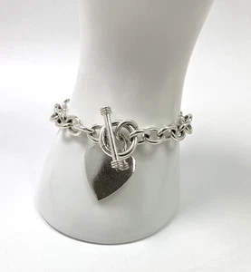 Sterling Silver Link Chain Bracelet,  29.93g and Heart Charm, Toggle Closure - Picture 1 of 22