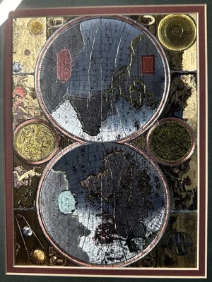 Mapa de lámina terrestre tradicional del viejo mundo doble hemisferio enmarcado Foto 1 de 3