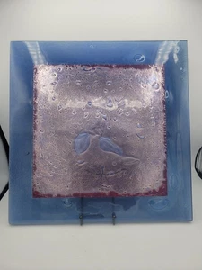 Fused Art Glass Square Dish Wall Plaque Panel Blue Purple Moonscape Iridescent - Picture 1 of 6