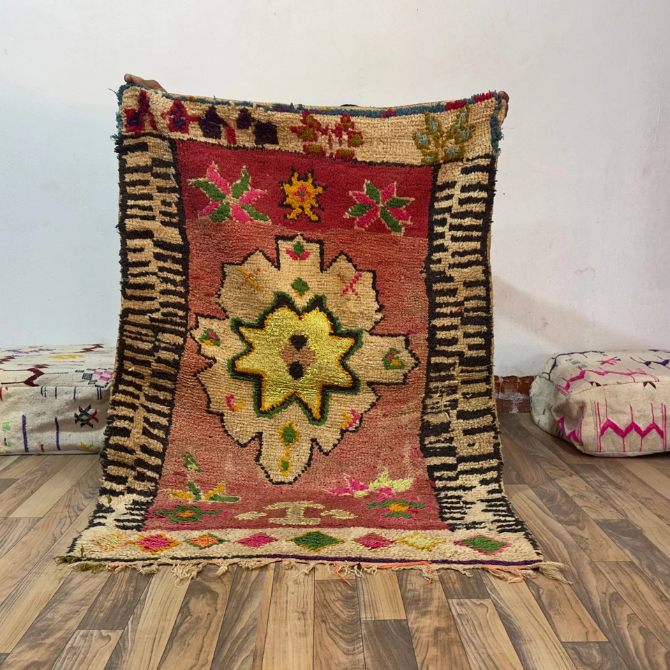 Винтажный марокканский берберский ковер 3,3 x 4,8 фута ручной работы шерстяной ковер, племенной богемный цветочный - Изображение 1 из 4