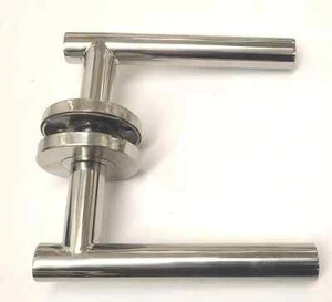 Door Lever On Rose,T Corner, L Shaped,With Euro Escutcheon -Set- Pol St steel - Picture 1 of 4